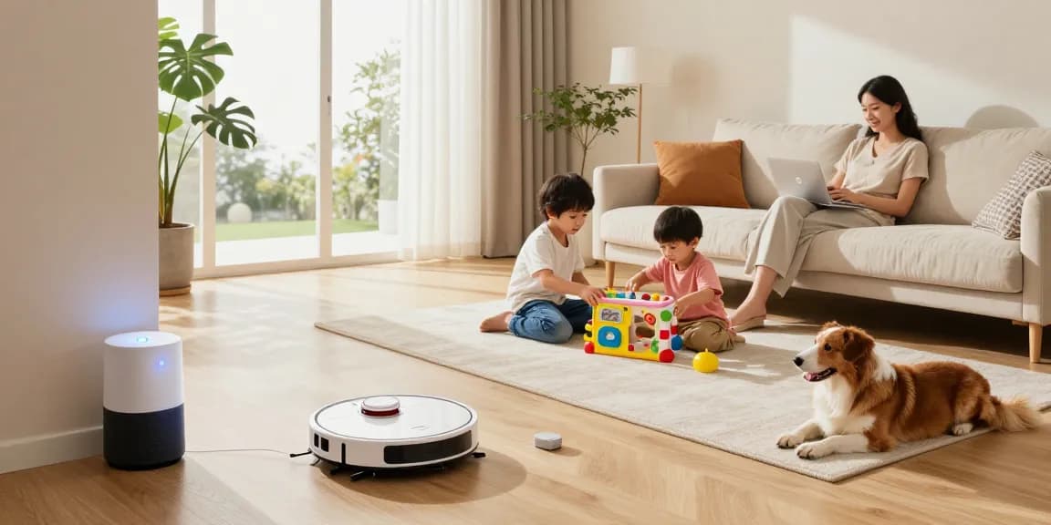 Best robot vacuum 2026 seamlessly cleaning a stylish living room while a family enjoys quality time.