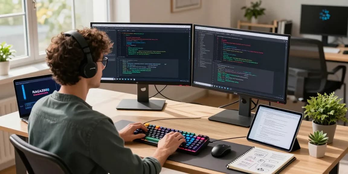 Software engineer using NAGA2000 framework in a modern workspace with dual monitors and a sleek laptop.