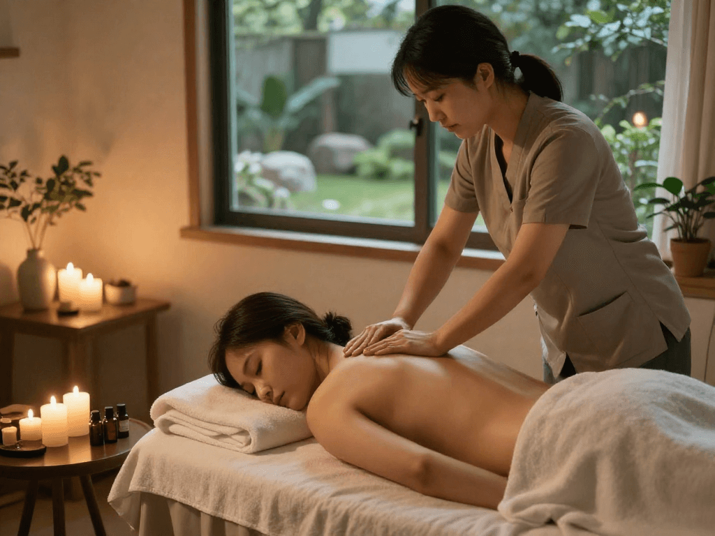 송도출장마사지 therapy session in a cozy home environment with relaxing candles and soothing ambiance.