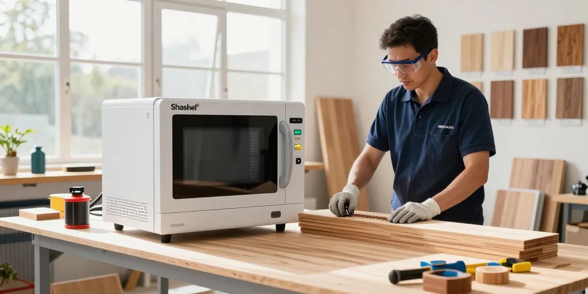 Shashel wood treatment technician using microwave equipment to eliminate wood-boring pests safely.
