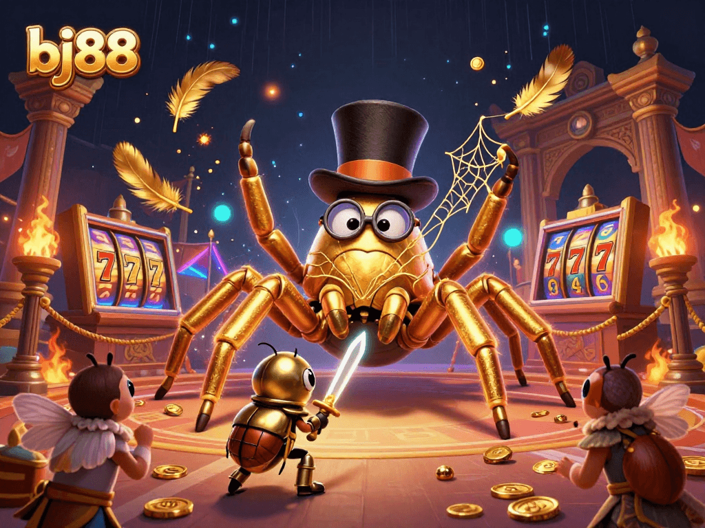 Engaging bj88 illustration showcasing a golden tarantula and knight surrounded by casino excitement.