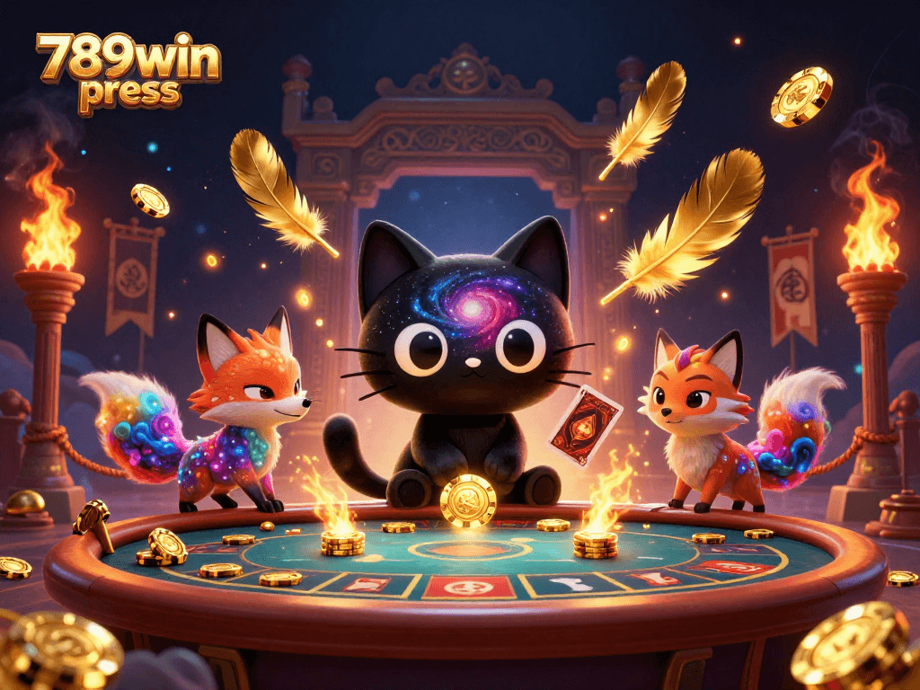 Spin to win with 789win press at a cosmic casino, featuring a black hole cat and nebula fox.