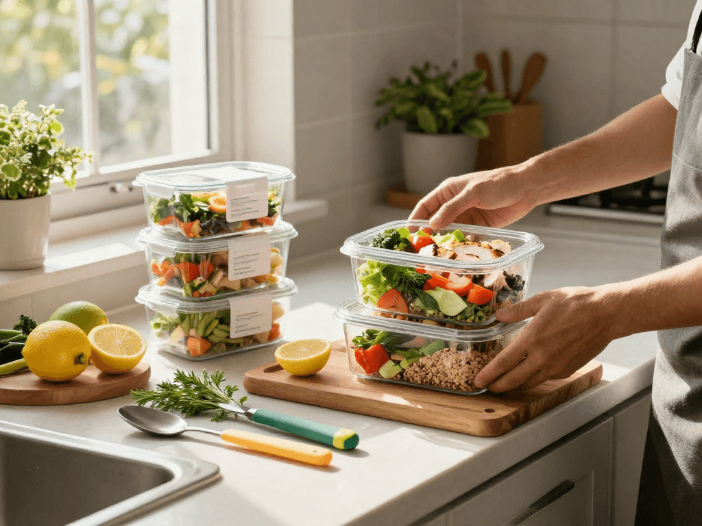 Colorful meal boxes arranged for healthy meal prep with fresh ingredients and slot optimization.