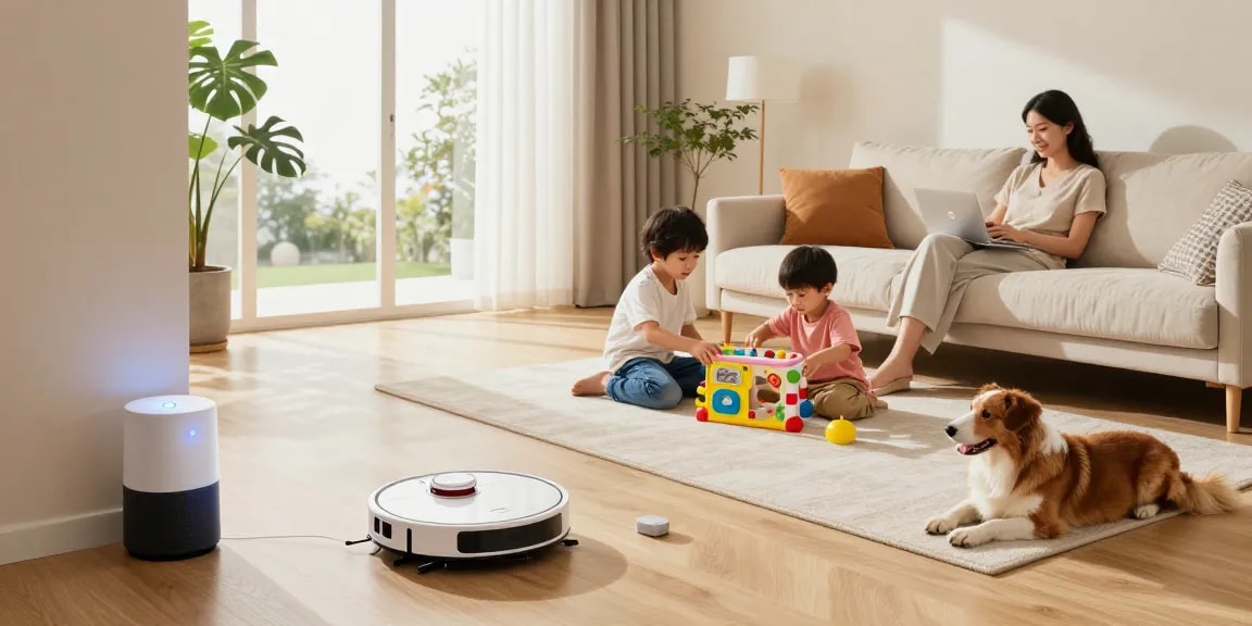 Best robot vacuum 2026 seamlessly cleaning a stylish living room while a family enjoys quality time.