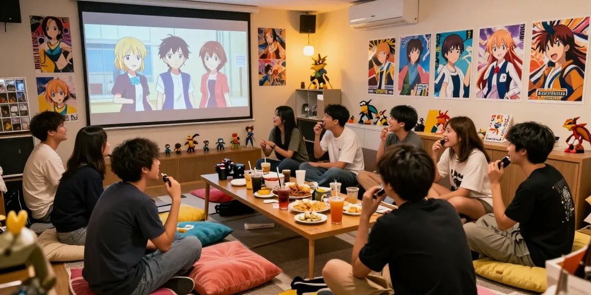 Anime Vietsub viewing party with fans enjoying Wistoria and Digimon in a cozy atmosphere.