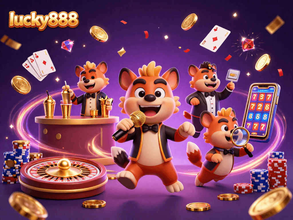 Experience the fun at lucky888 with lively hyenas in a vibrant casino scene.