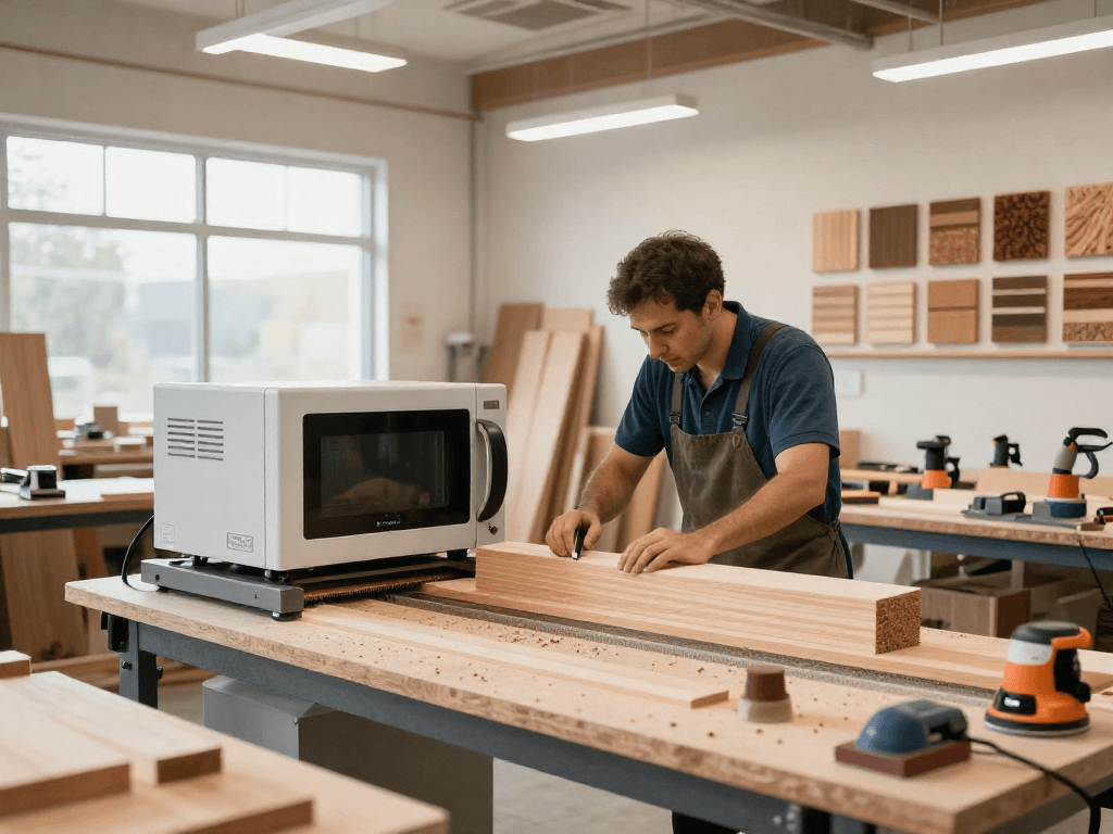 Shashel microwave technology eliminating wood pests in a modern workshop.