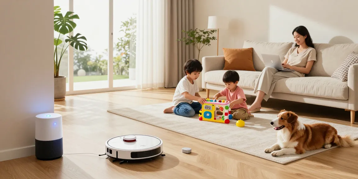 Best robot vacuum 2026 seamlessly cleaning a stylish living room while a family enjoys quality time.