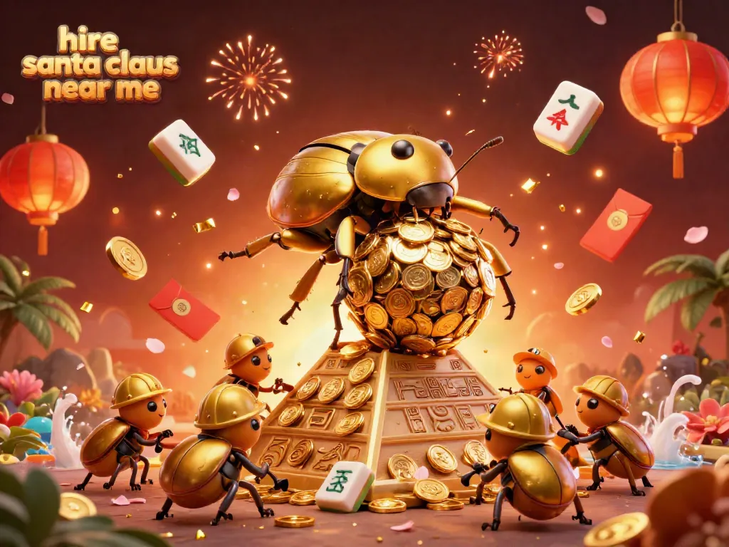Hire Santa Claus near me at a vibrant casino-themed illustration featuring golden beetles and festive elements.