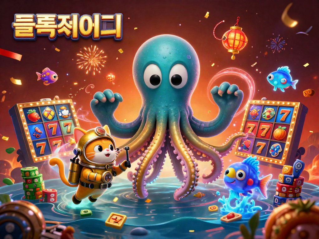 Experience dynamic slot gameplay featuring the kraken and diving cat amidst vibrant slot elements at 슬롯사이트.