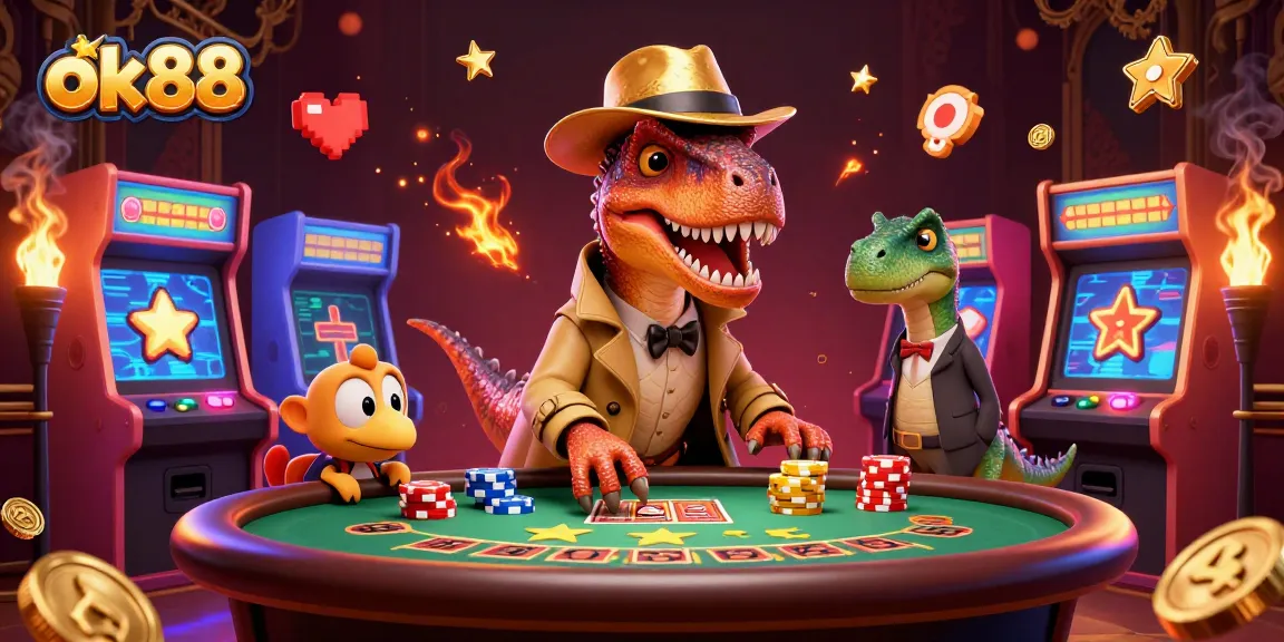 ok88 casino action scene with a velociraptor card counter, stegosaurus pit boss, and compy pickpocket