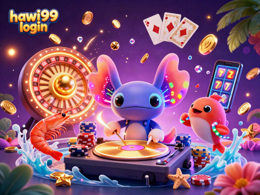 Experience the excitement of hawai99 login with vibrant 3D casino characters in a lively scene.