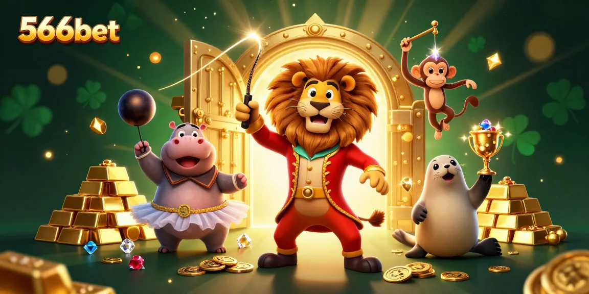 Win big with 566bet's vibrant 3D circus-themed casino illustration featuring engaging characters and sparkling treasures.