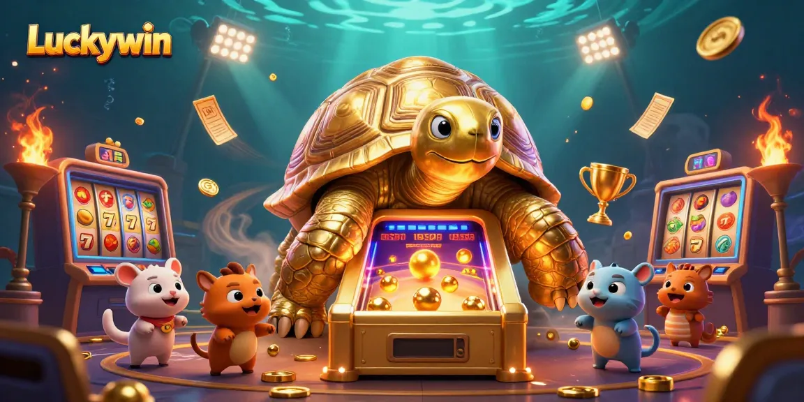 Experience thrilling slot action with Luckywin featuring a unique golden tortoise pinball machine and excited players.