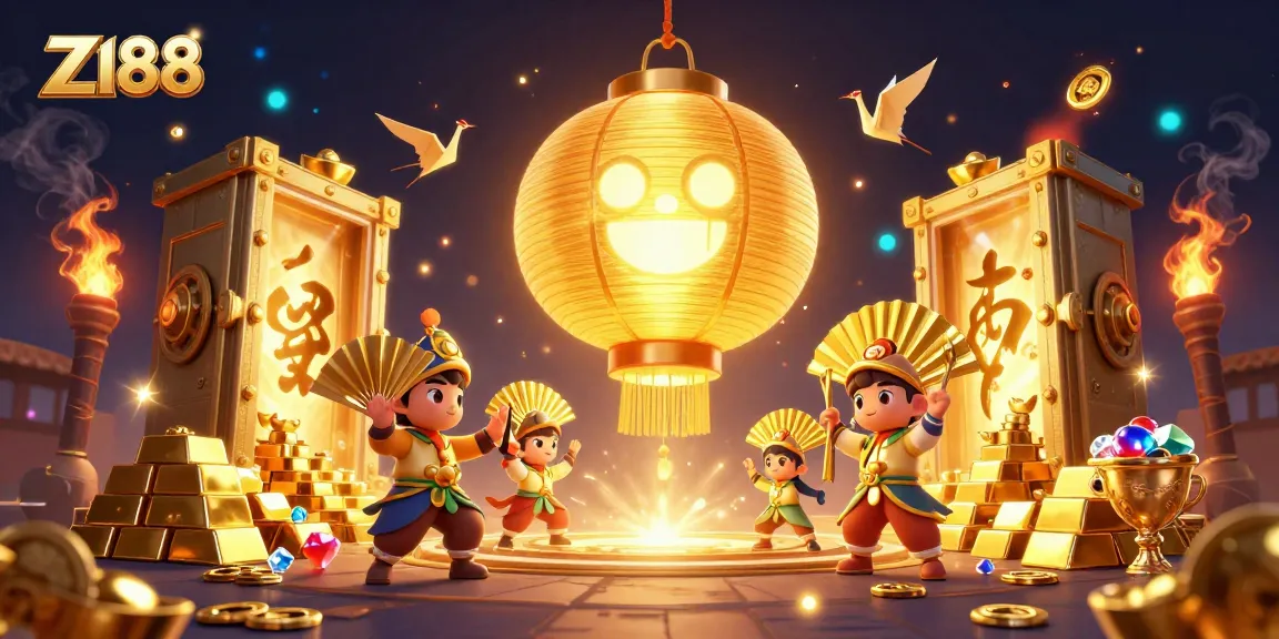 Z188 captures exhilarating jackpot vibes showcasing a glowing lantern spirit amidst gold treasures and lucky symbols.