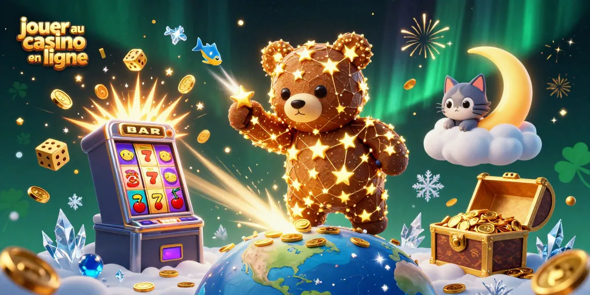 Jouer au casino en ligne avec une illustration colorée de machines à sous, des étoiles dorées, et un ours constellation.