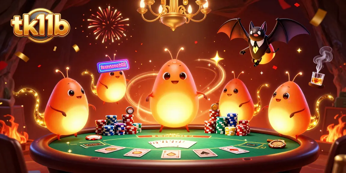 Experience tk11b's virtual casino with glowworms lighting up the poker table and vibrant decorations.