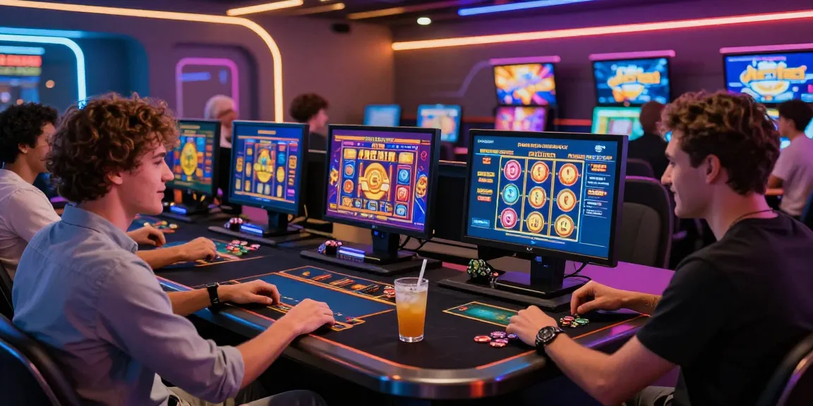 Engaging judi slot online scene with friends enjoying Wira55 gaming experience in a lively casino.