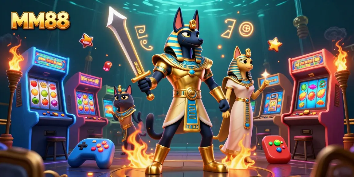 Engage in thrilling gameplay at MM88 with ancient Egyptian warriors, slot gems, and vibrant casino elements.