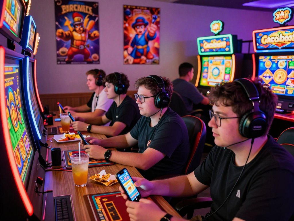 Players enjoying gacor online slot games in a vibrant gaming lounge with colorful LED lights and engaging atmosphere.
