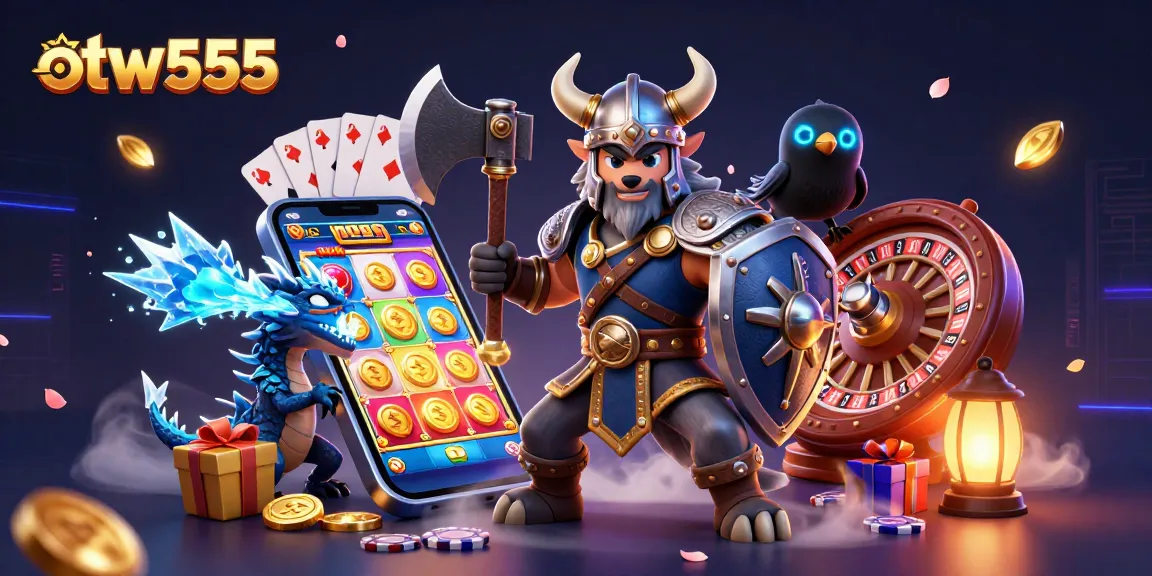 Spin the reels with otw555 as a Viking warrior, fierce dragon, and glowing raven embrace a colorful casino atmosphere.