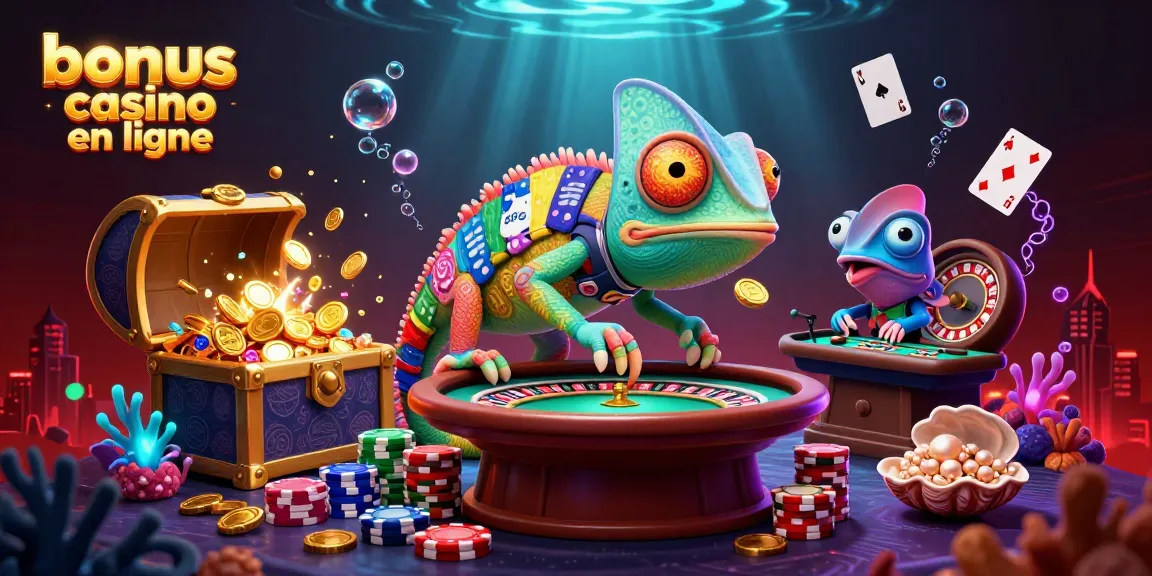 Profitez d'un bonus casino en ligne avec une illustration dynamique de jeux et de gains.
