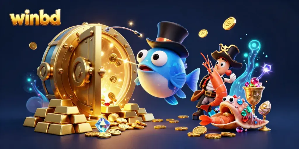 Reel in wins with winbd: a glowing anglerfish catches golden coins in this vibrant casino scene.