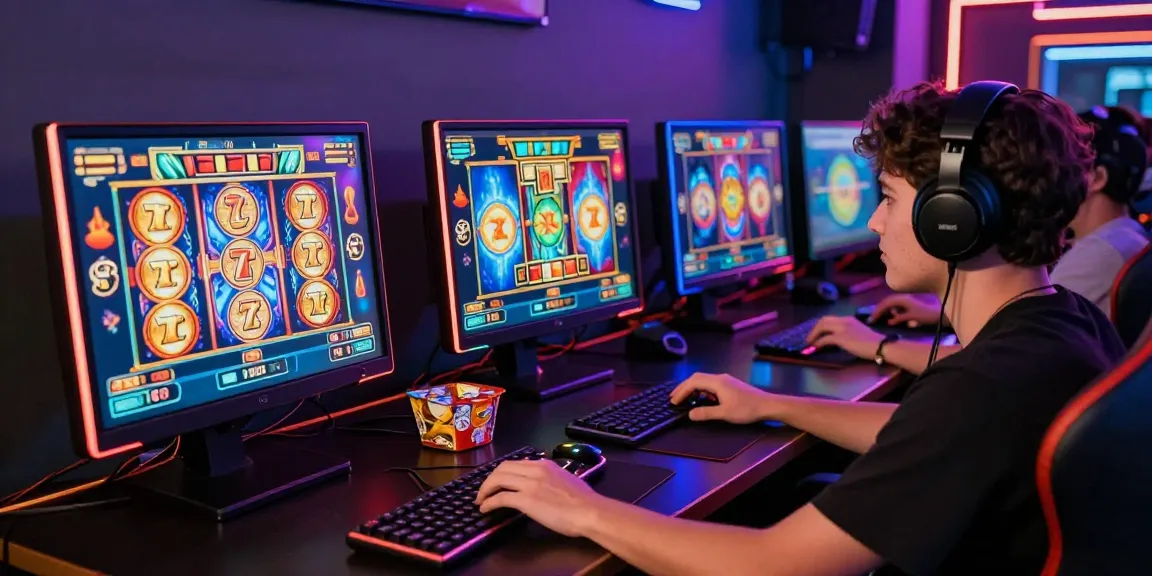 Pemain bersemangat memainkan slot777 dengan aksesori modern dan suasana penuh warna.