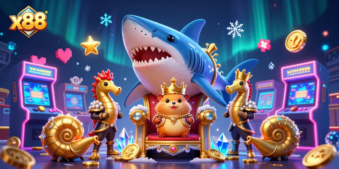 Experience the excitement of x88 with vibrant 3D casino elements, showcasing the golden hamster king.