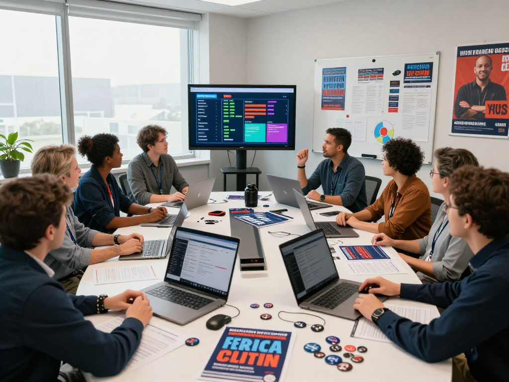 Dynamic political display advertising strategy meeting with diverse team collaborating on campaign metrics.