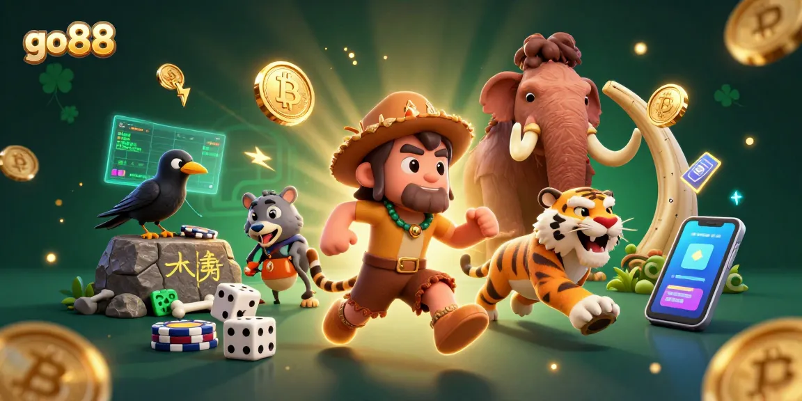 Join the fun at go88 with a dynamic 3D casino scene featuring playful characters and crypto elements.