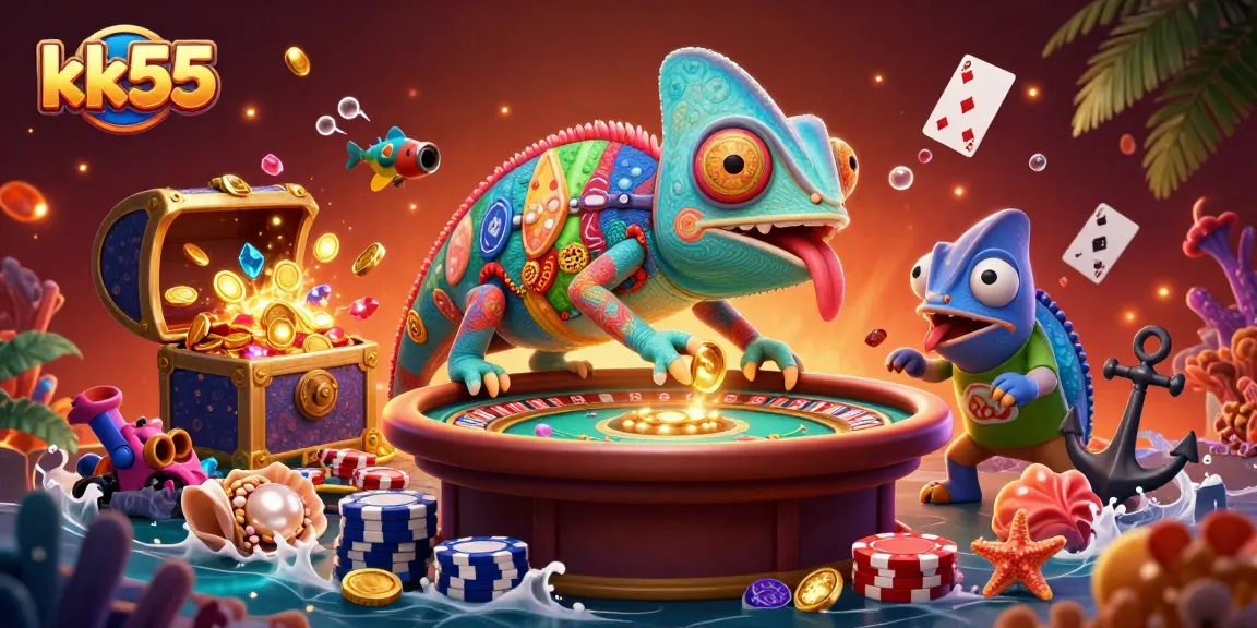 Experience the excitement at kk55 with a vibrant casino scene featuring a chameleon owner and treasure elements.