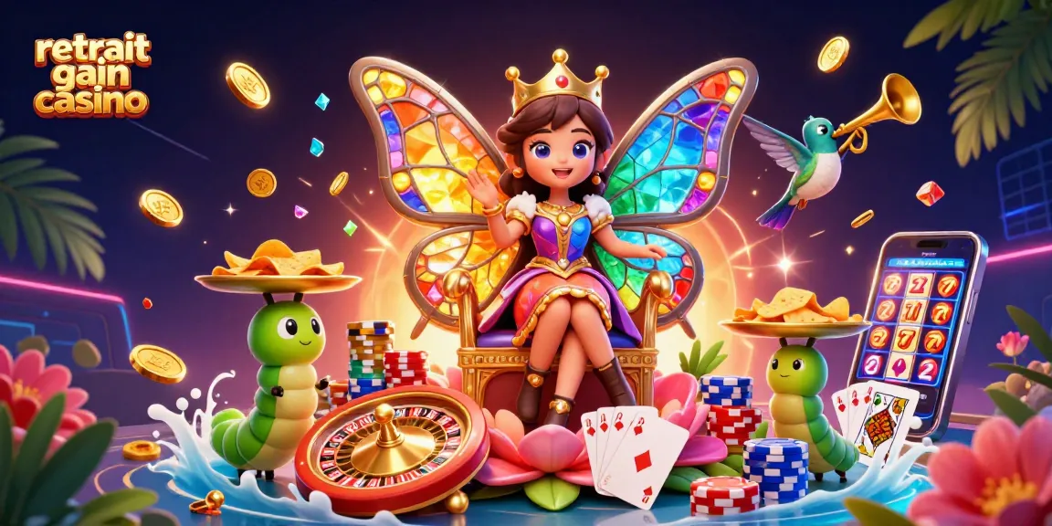 Retrait gain casino : illustration colorée avec reine papillon, jetons et roulettes en lumière dynamique.