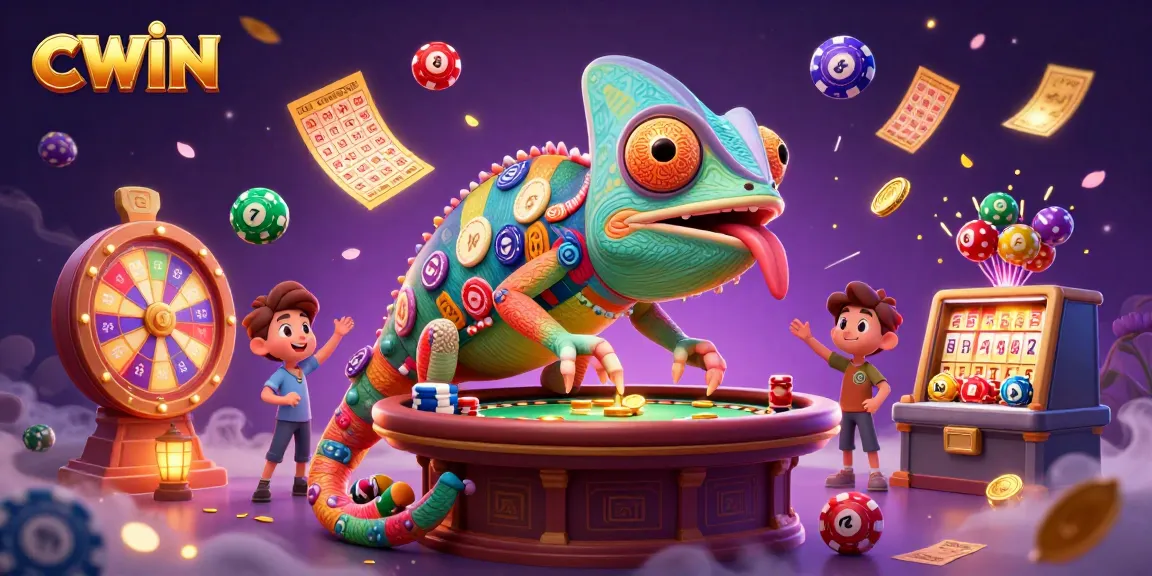 CWIN casino chameleon dynamically engaging players with colorful lottery games and vibrant casino elements.
