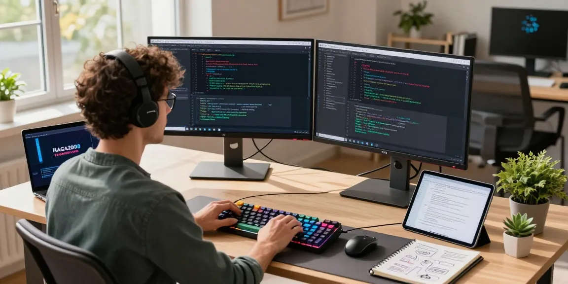 Software engineer using NAGA2000 framework in a modern workspace with dual monitors and a sleek laptop.