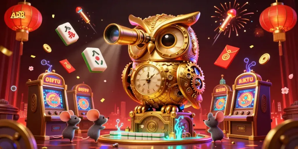 Engage with the vibrant scene showcasing an AD88-themed casino floor alive with a clockwork owl and unique slot machines.