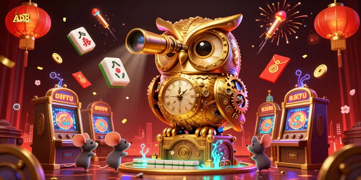 Engage with the vibrant scene showcasing an AD88-themed casino floor alive with a clockwork owl and unique slot machines.