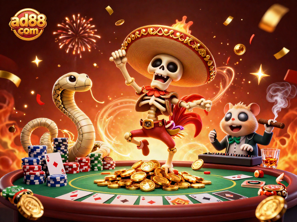 Spin to win big at ad88 com, featuring a lively victory dance among poker elements and festive characters.