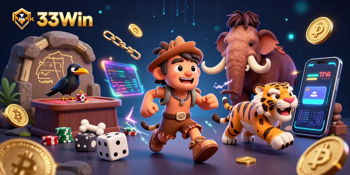 Engage in thrilling gameplay at link 33Win with a vibrant prehistoric casino scene featuring unique characters and crypto elements.