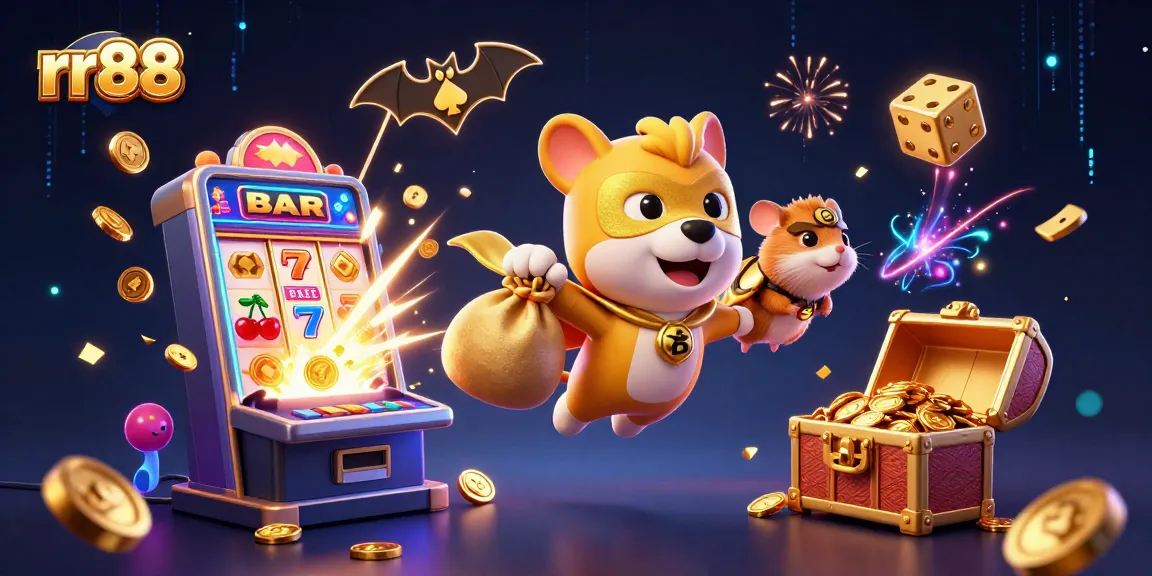 Engage with rr88’s thrilling casino action displayed in a vibrant illustration featuring characters and elements from the gaming world.