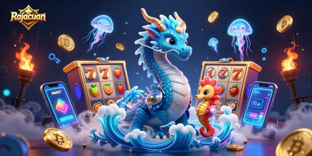 Experience the captivating Rajacuan slots with glowing neon elements and vibrant characters.