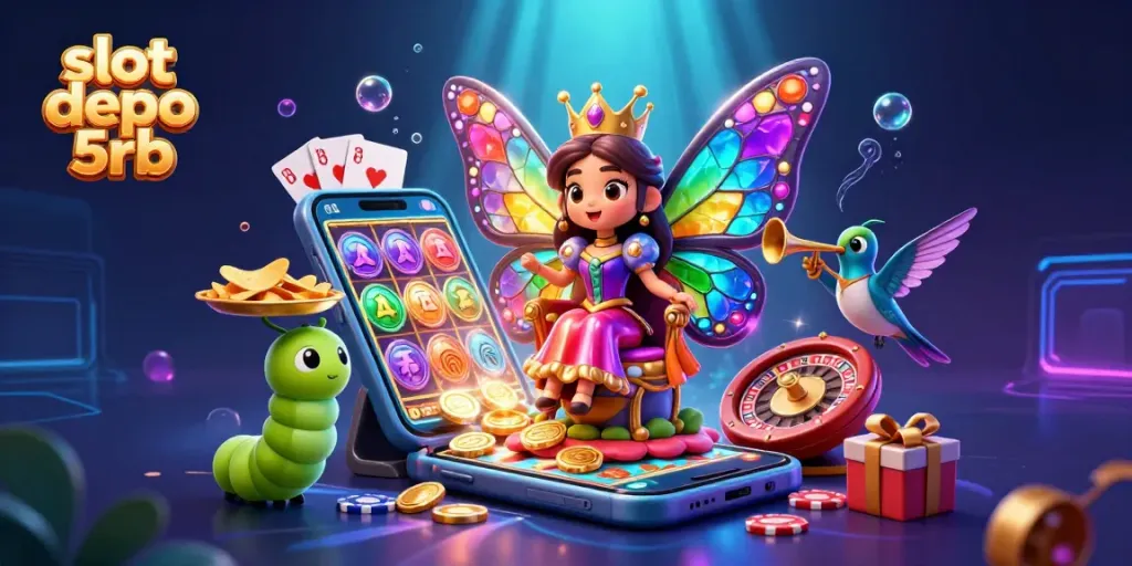 Spin and win at slot depo 5rb with vibrant 3D illustration featuring colorful games, coins, and fun elements.