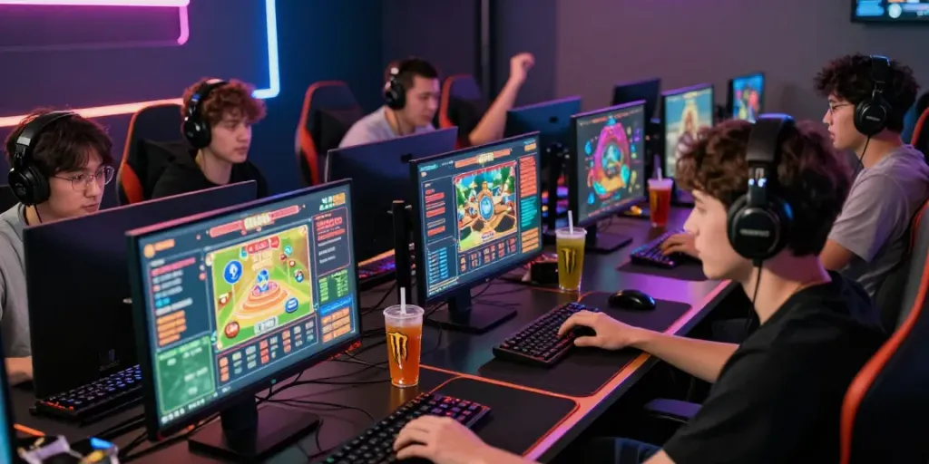 Engaged players in a modern gaming lounge enjoying togel online.