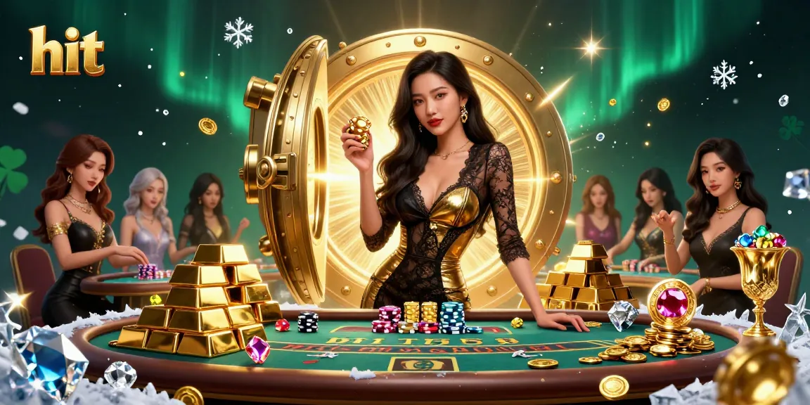 Hit the jackpot at Hit Club with a glamorous baccarat table surrounded by treasures and golden chips.