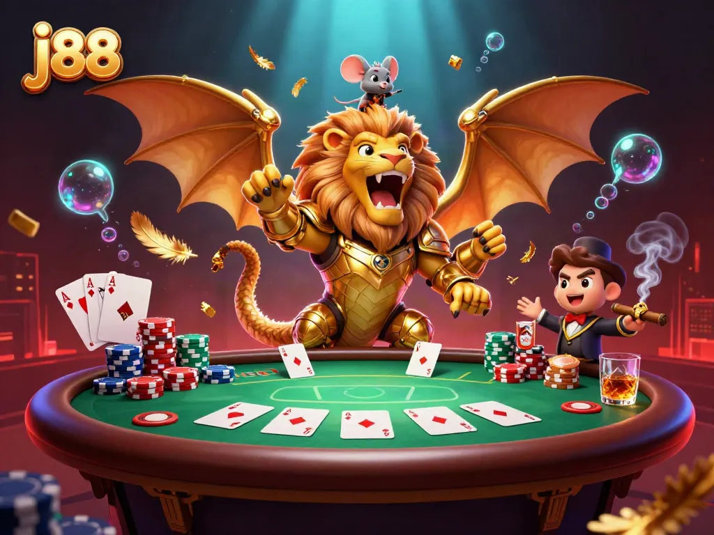 Engage in thrilling poker action with j88, featuring a golden chimera and vibrant casino elements.