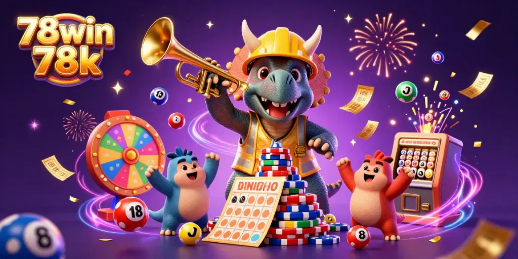 Engaging illustration showcasing 78win 78k excitement with a triceratops and celebration elements in a colorful casino scene.