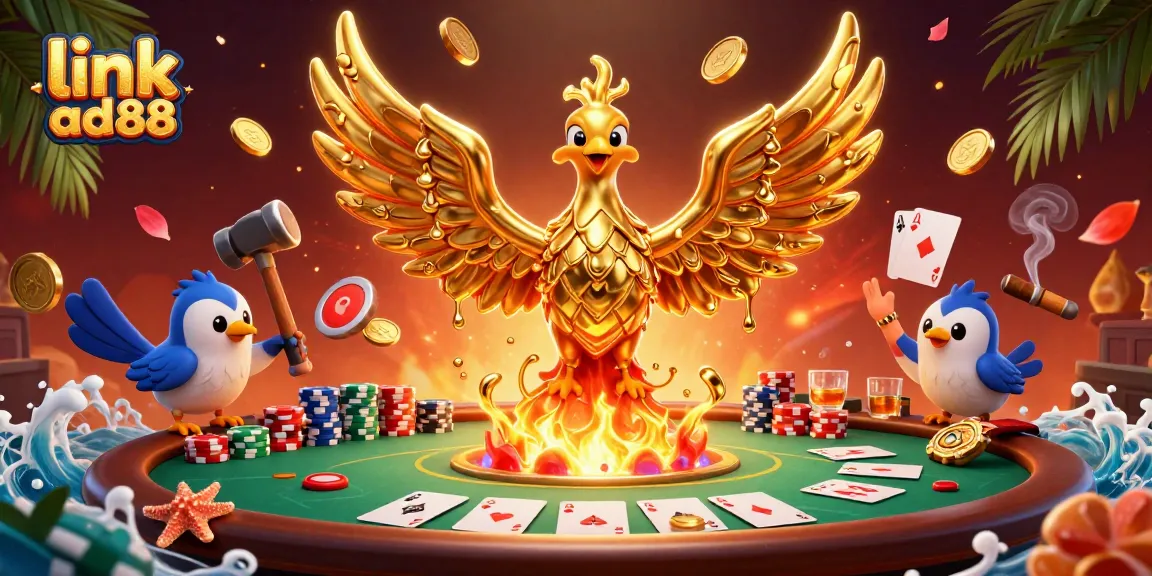 Engage with link ad88's thrilling casino scene featuring a molten phoenix and poker excitement.