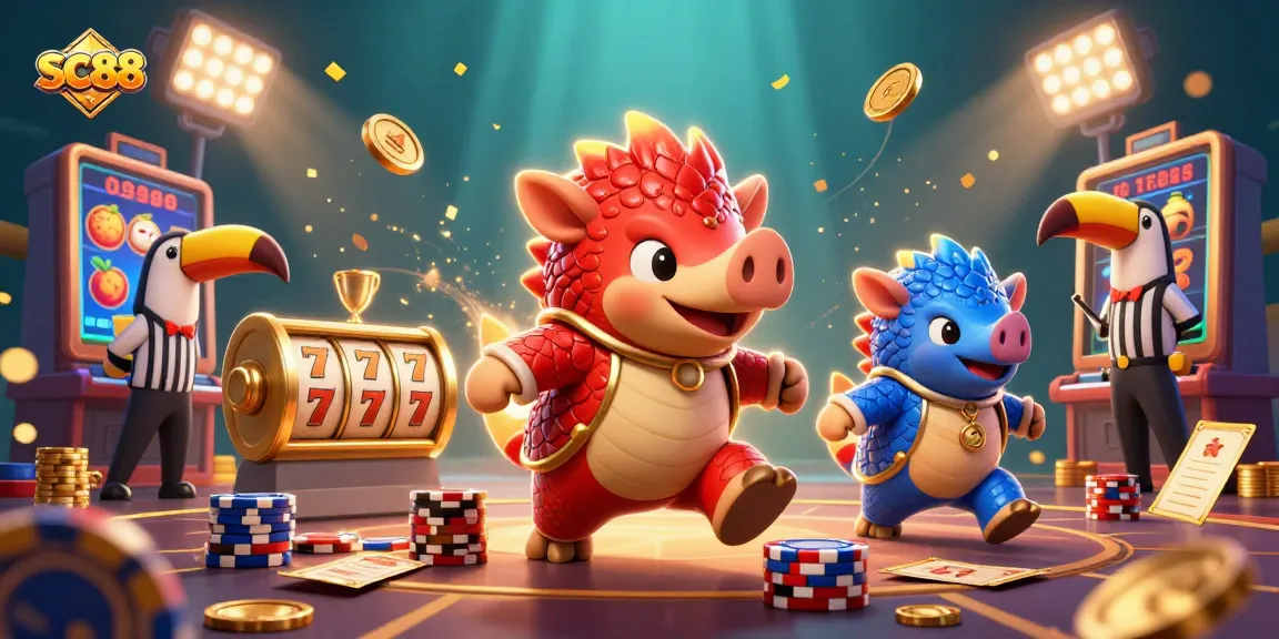 Engage in thrilling slot challenges with SC88 as pangolins conquer golden slot reels surrounded by dynamic casino elements.