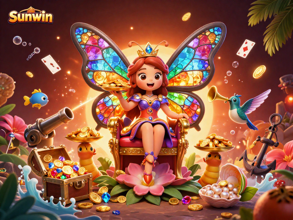 Sunwin offers a vibrant casino experience with a butterfly queen, treasure, and playful game elements.