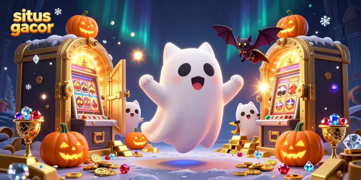 Engaging illustration of situs gacor themed ghost cat and vampire bat in a casino.
